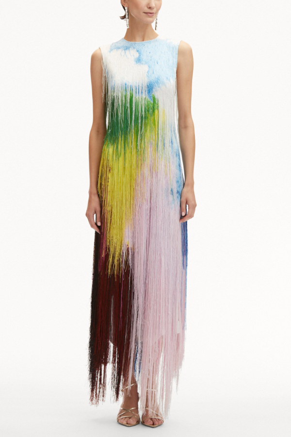 Abstract Watercolor Fringe Cocktail Dress