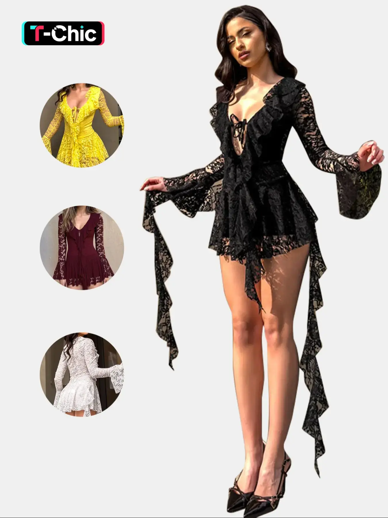 Women's Lace Bow Tie Flounce Sleeve Dress