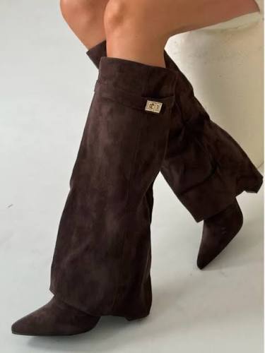 Taupe Faux Suede Slouchy Fold Over Shark Boots