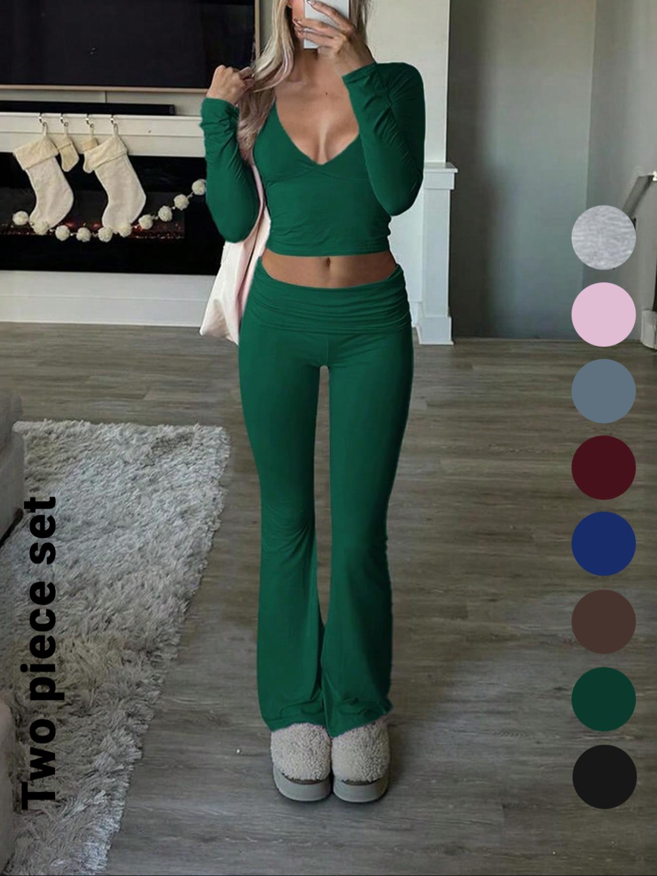 Slim-Fit Crop Top & Pants Two-Piece Set, Chic Solid Color V-Neck Long Sleeve for Fall and Winter, Airport Outfit Womenswear