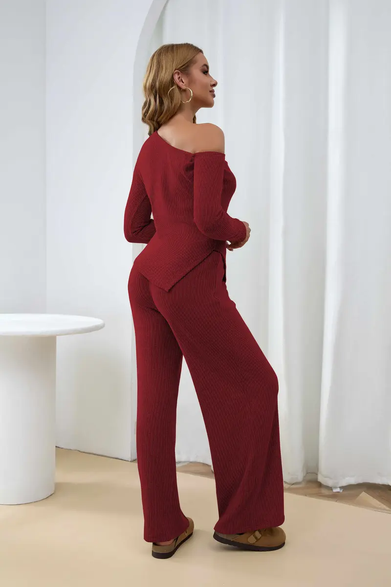USBoutique Chic Sherpa Set for Women Asymmetric Shoulder Top & High Waist Wide Leg Pants Soft Winter Outfit Beige Color Womenswear Clothes Suits Trouser