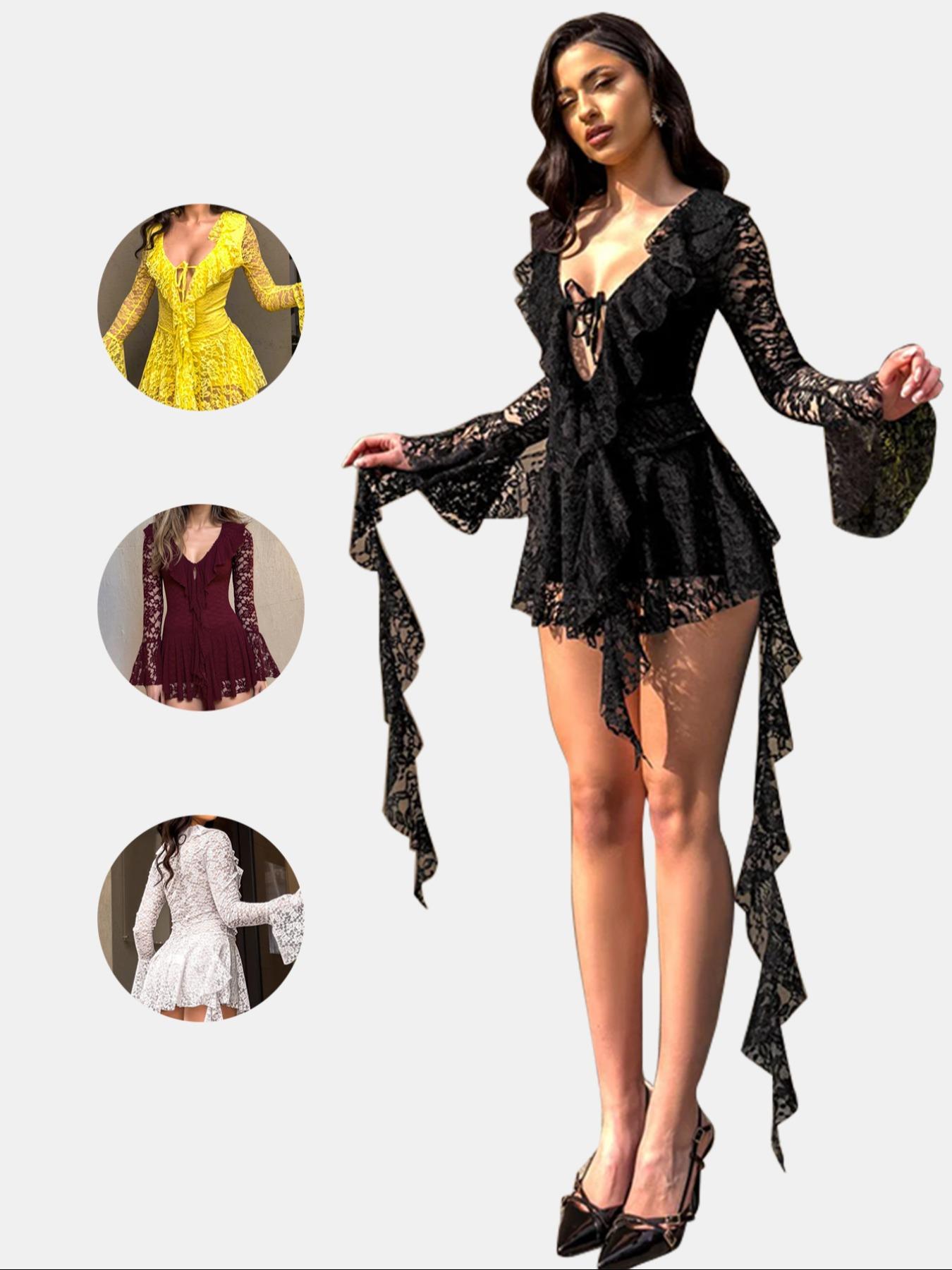 Women's Fashion Y2K Lace Bow Tie Flounce Sleeve Solid Dress, Trendy Comfortable Fitted Long Sleeve, Stylish Ladies' Clothing Womenswear