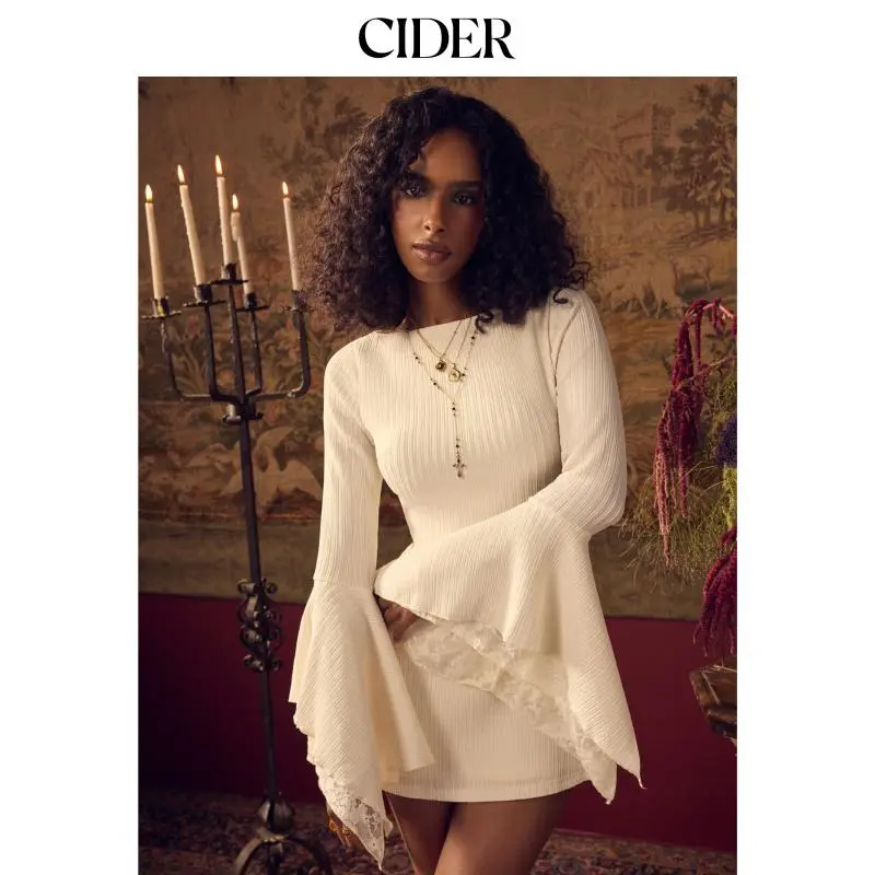 Women’s A-line mini dress, crafted from a textured fabric and featuring a boat neckline, flared sleeves, and lace panel detailing.