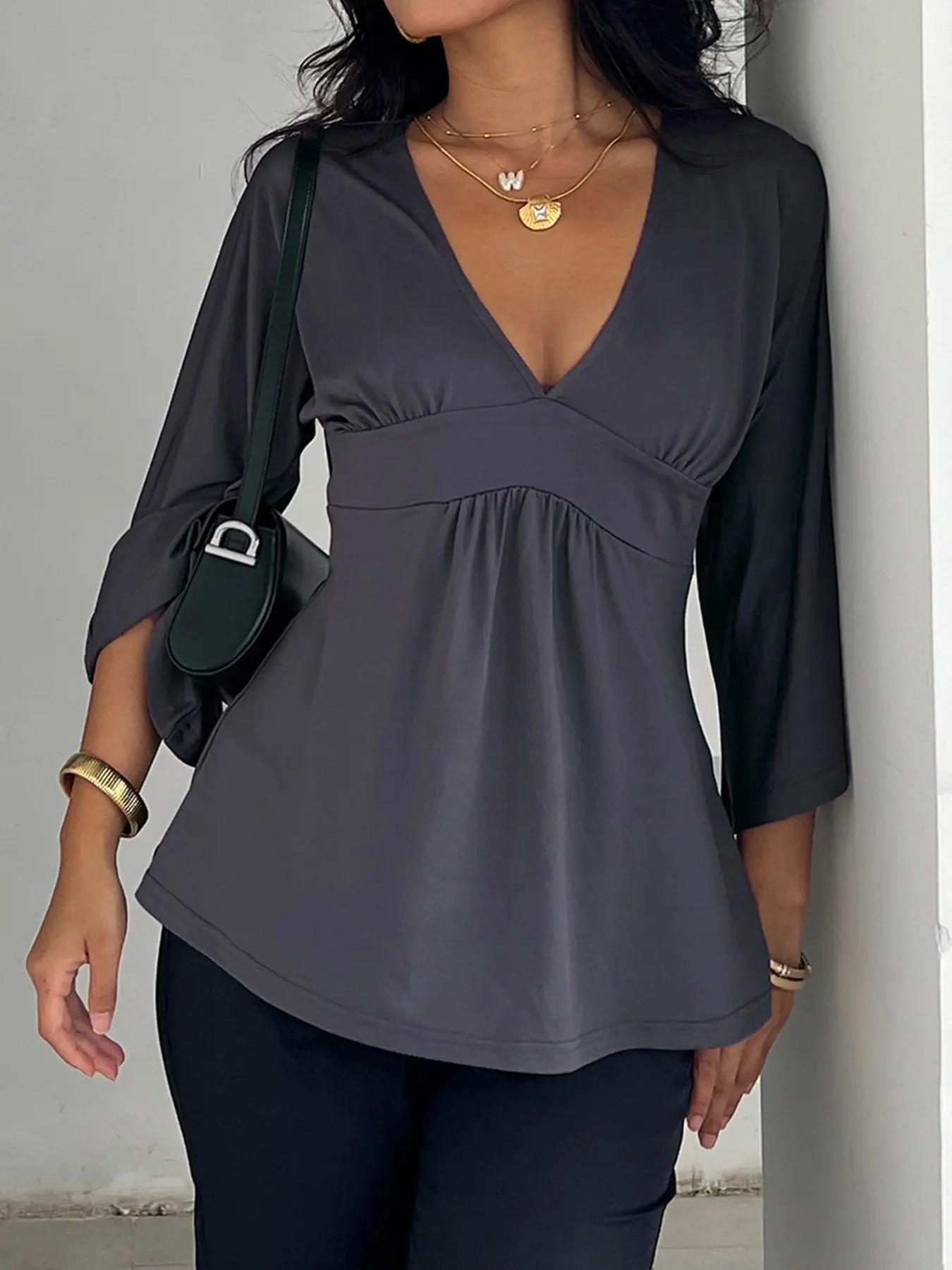 Women's V Neck Patchwork Ruched Batwing Sleeve a Line Loose Fit Fall Winter Y2K Casual Basic Tee, Comfortable Long Sleeve Top Blouses Shirts Tops, Casual Daily Tops