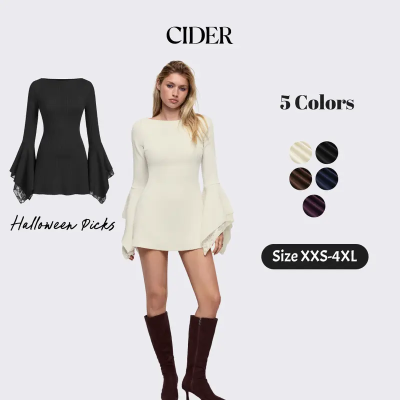 Women’s A-line mini dress, crafted from a textured fabric and featuring a boat neckline, flared sleeves, and lace panel detailing.