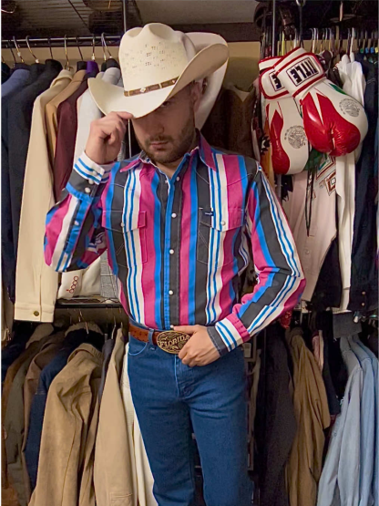 Men's Blue & Pink Stripe Print Shirt