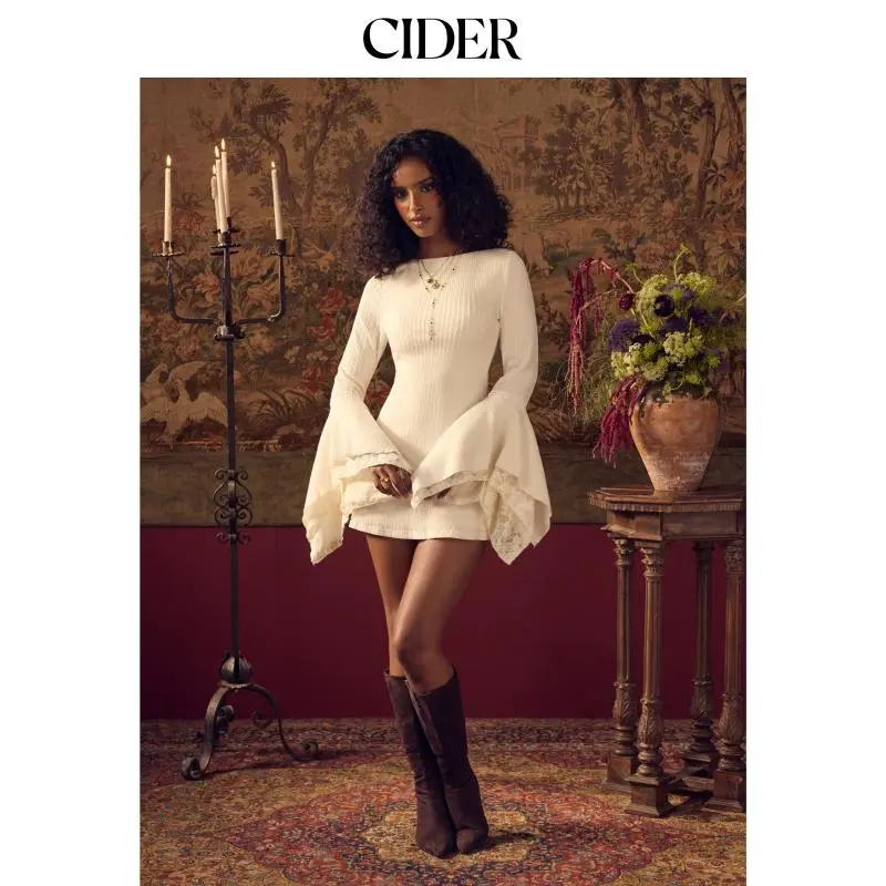 Women’s A-line mini dress, crafted from a textured fabric and featuring a boat neckline, flared sleeves, and lace panel detailing.