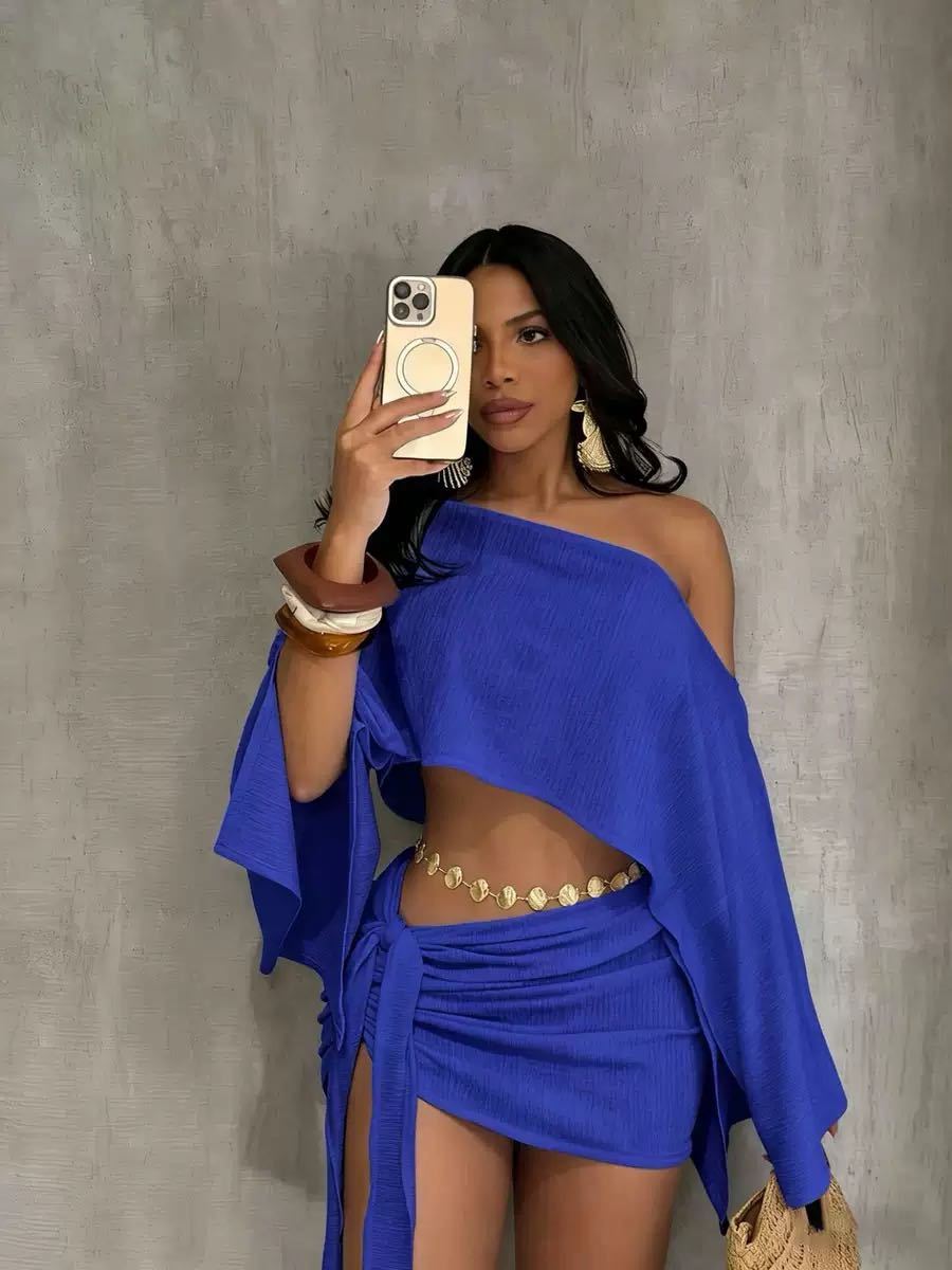 Women's Summer Asymmetrical Neck Top & Bodycon Skirt Set