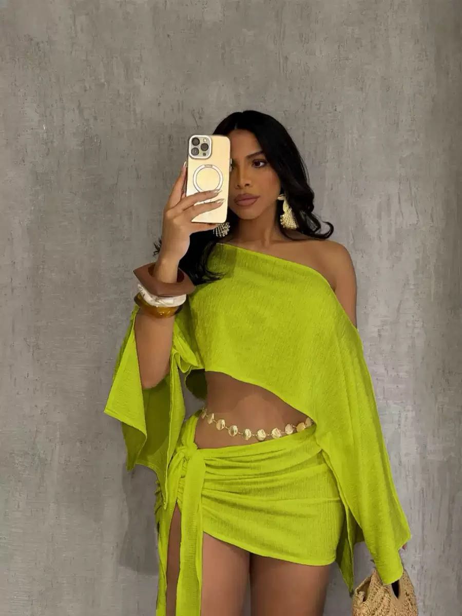 Women's Summer Asymmetrical Neck Top & Bodycon Skirt Set