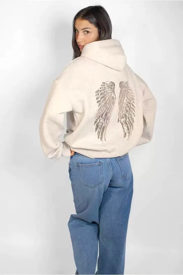 Women's Grey Sequined Angel Wings Cropped Hoodie and Sweatpants Set 