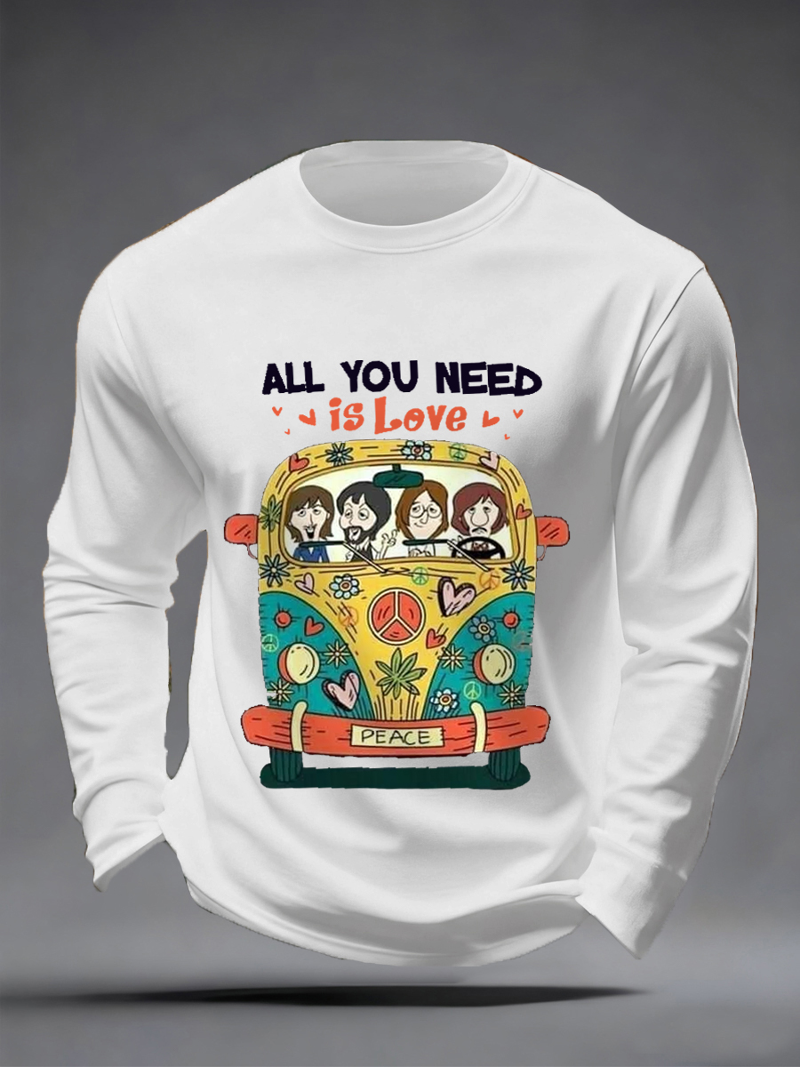 Men's All You Need Is Love Retro Classic Legendary Rock Band Print Casual Long Sleeve T-Shirt