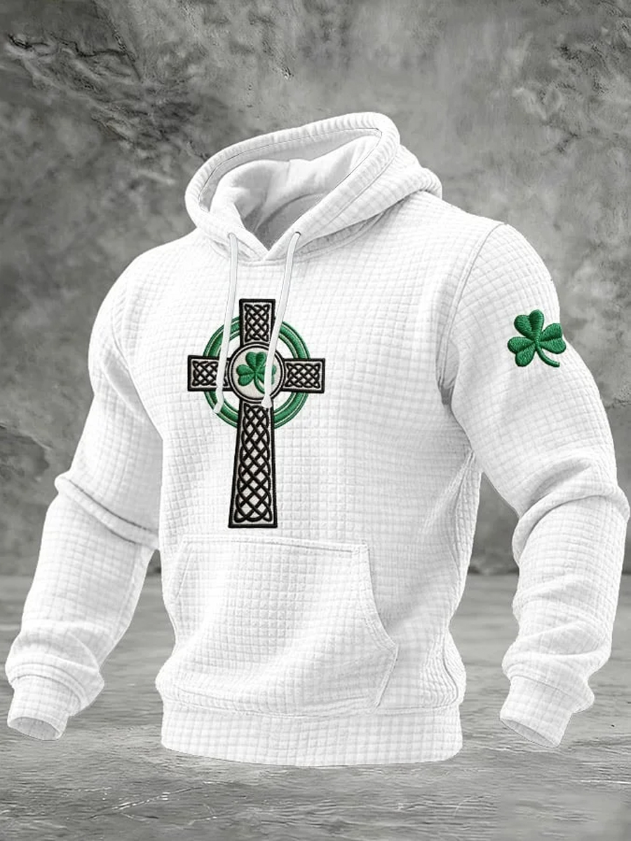 Men's St Patrick's Day Shamrock Celtic Knot Cross Print  Checkered Cotton Hoodie