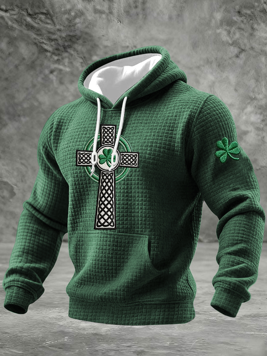 Men's St Patrick's Day Shamrock Celtic Knot Cross Print  Checkered Cotton Hoodie