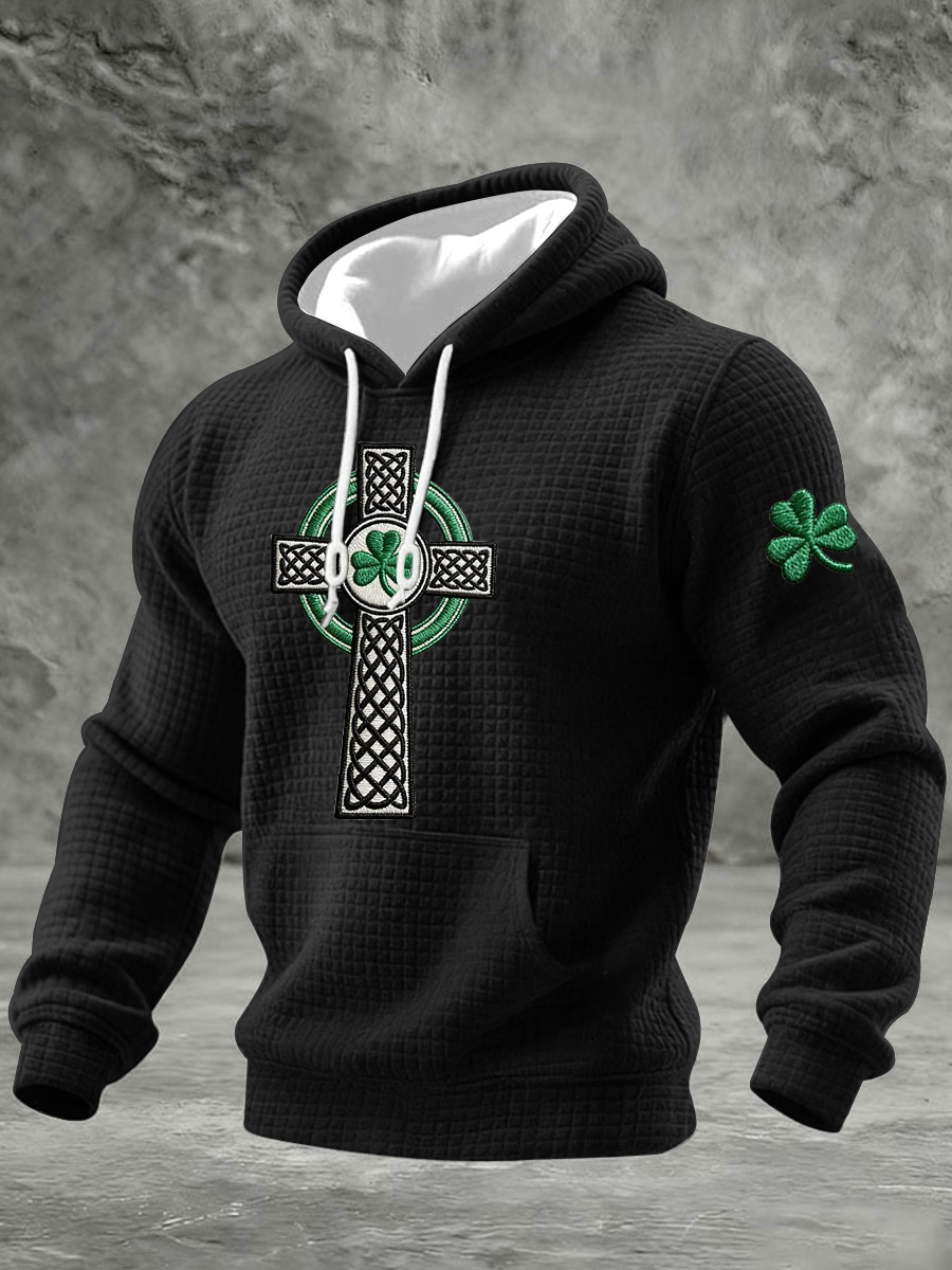 Men's St Patrick's Day Shamrock Celtic Knot Cross Print  Checkered Cotton Hoodie