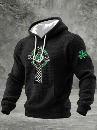 Men's St Patrick's Day Shamrock Celtic Knot Cross Print  Checkered Cotton Hoodie