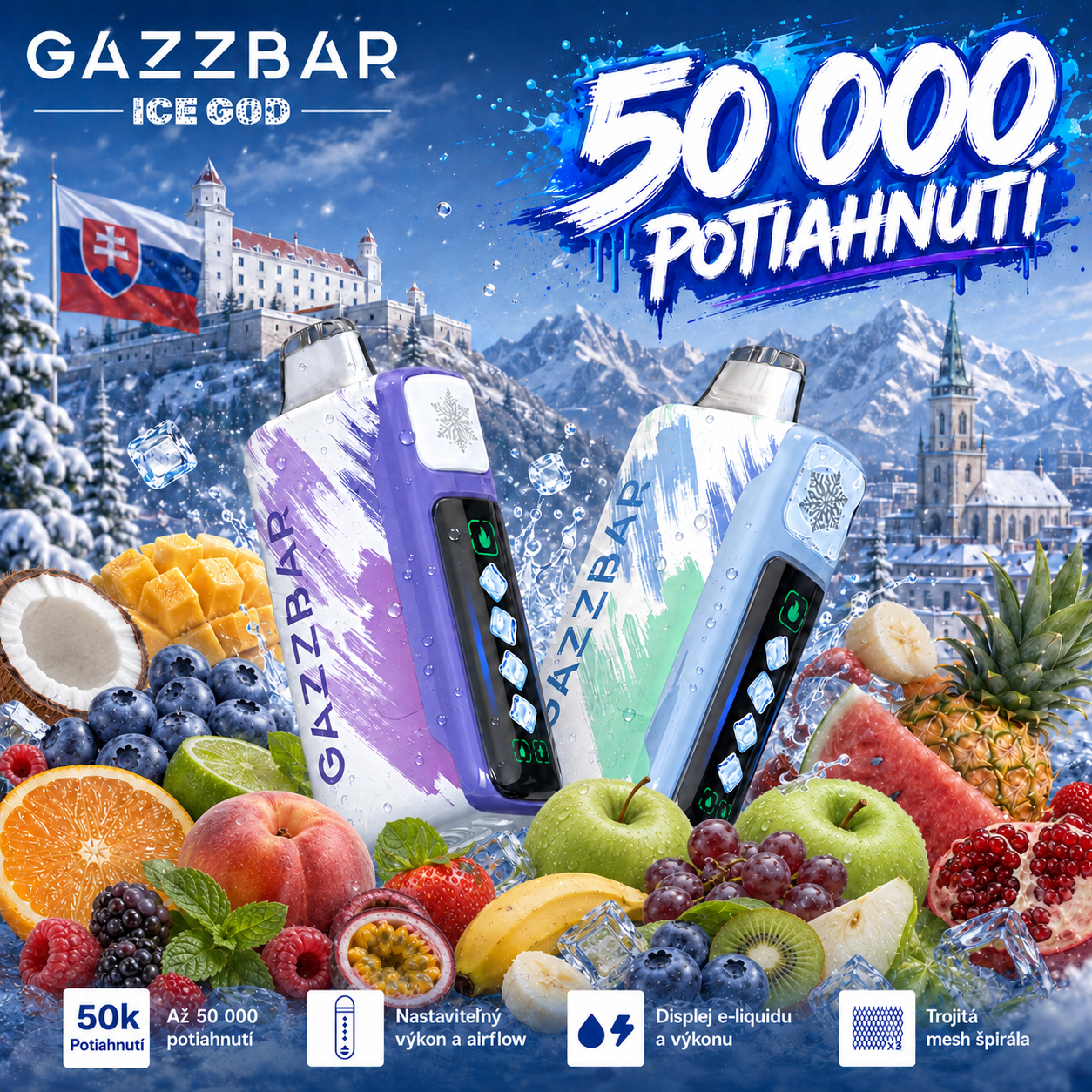 GAZZBAR ICE GOD 50 000 potiahnutí – jednorazová e-cigareta so zástavou, hradom, ovocím a 5 úrovňami chladenia