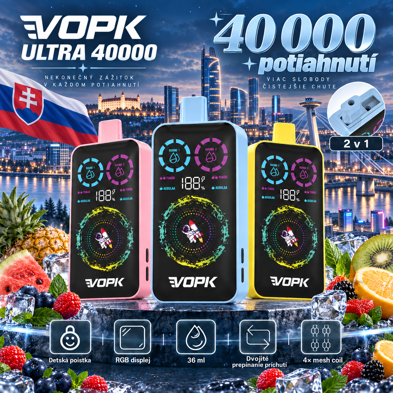 VOPK ULTRA 40 000 potiahnutí – jednorazová e-cigareta 2 v 1 s dvoma príchuťami, 2 %