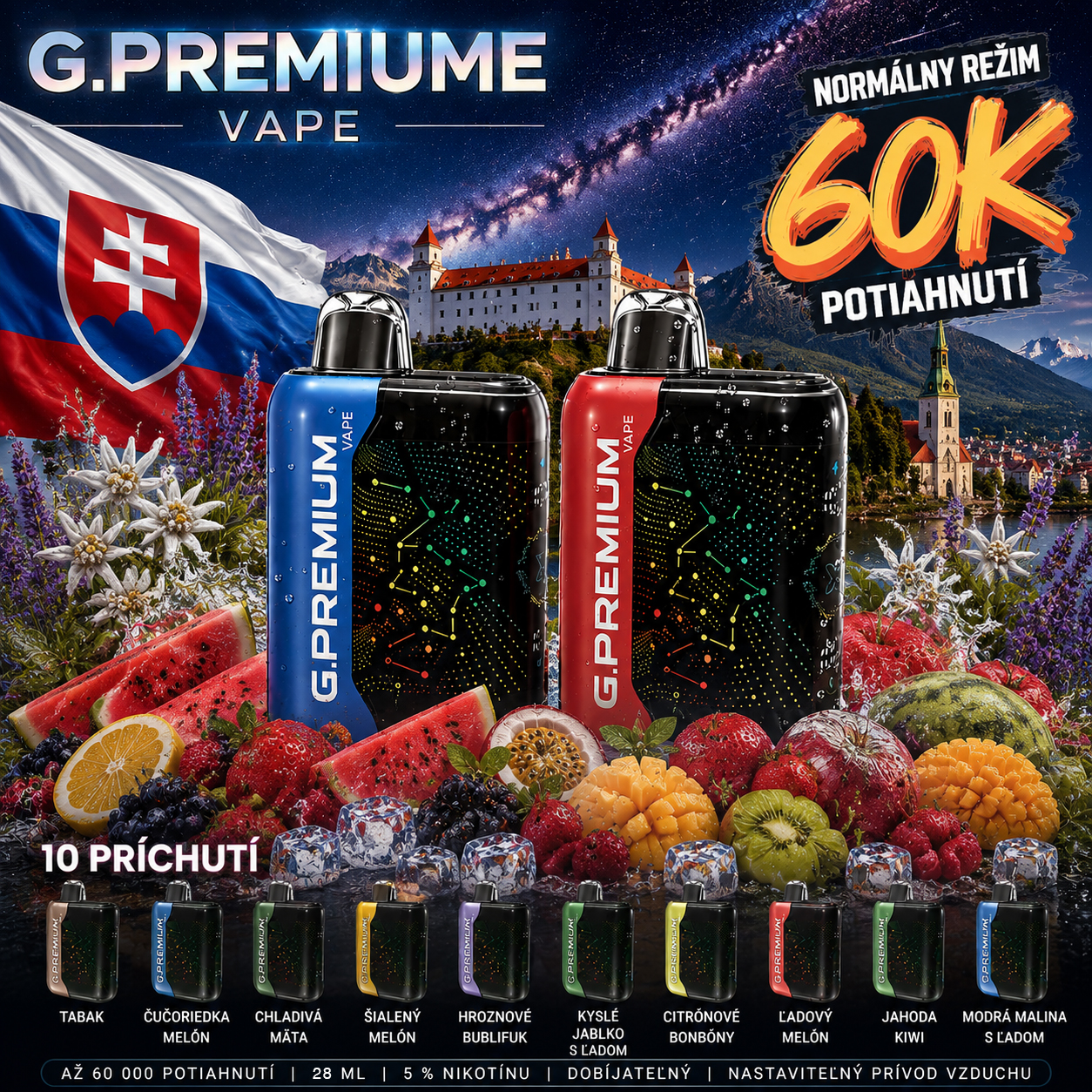 💎💎💎💎💎GEEK BAR.PREMIUM X 60 000 Potiahnutí – Ľadová mäta a Tradičný tabak