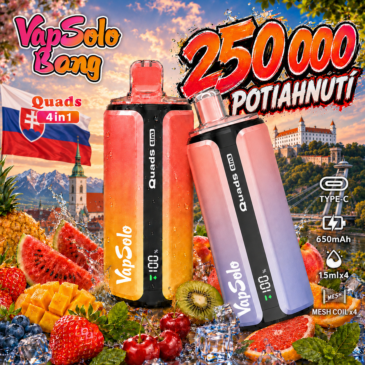 VAPSOLO-BANG KING 250K potiahnutí DSK074 Quads 4v1 príchute