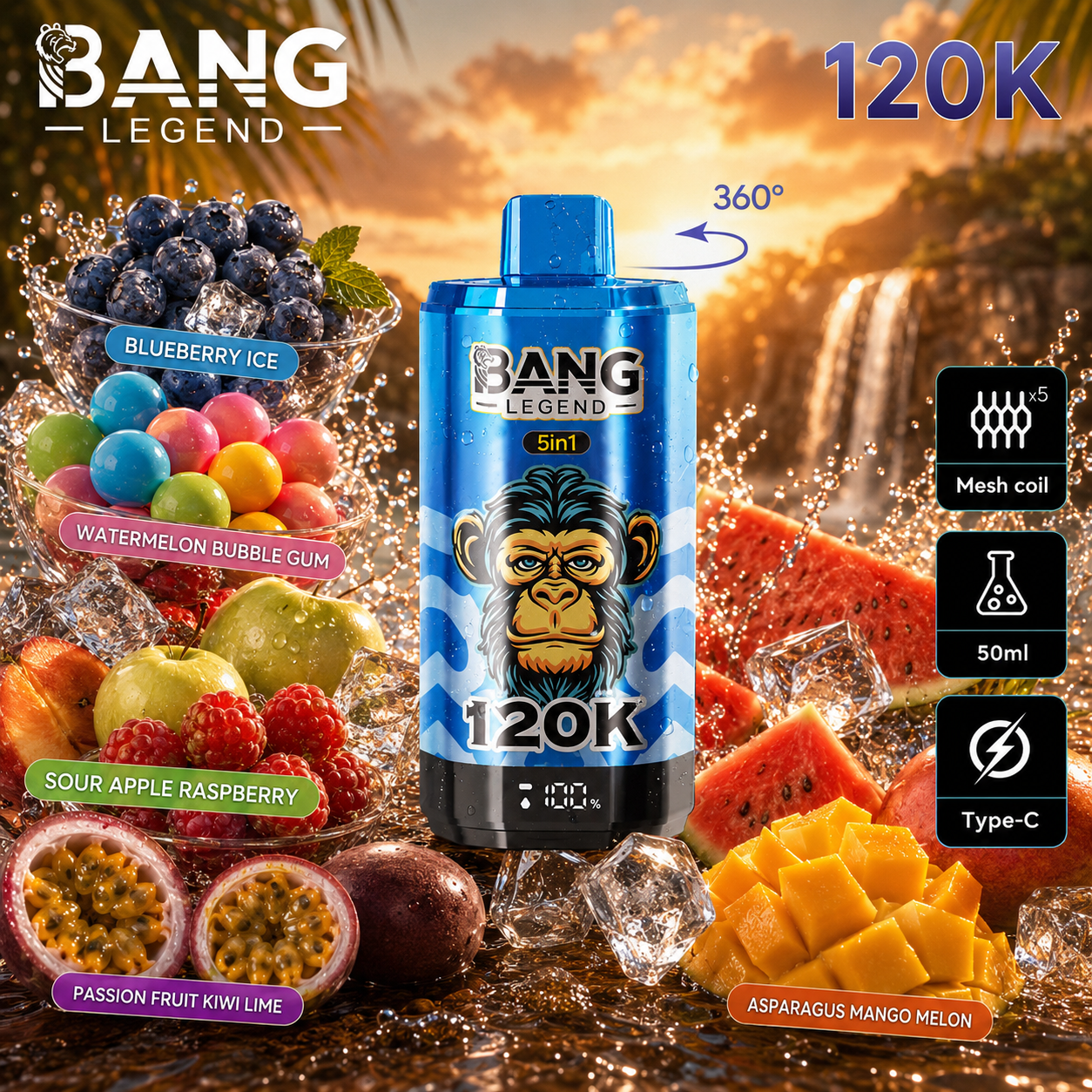 Ľadová čučoriedka + Melónová žuvačka + Kyselé jablko a malina + Aloe mango a melón + Maracuja kiwi a limetka