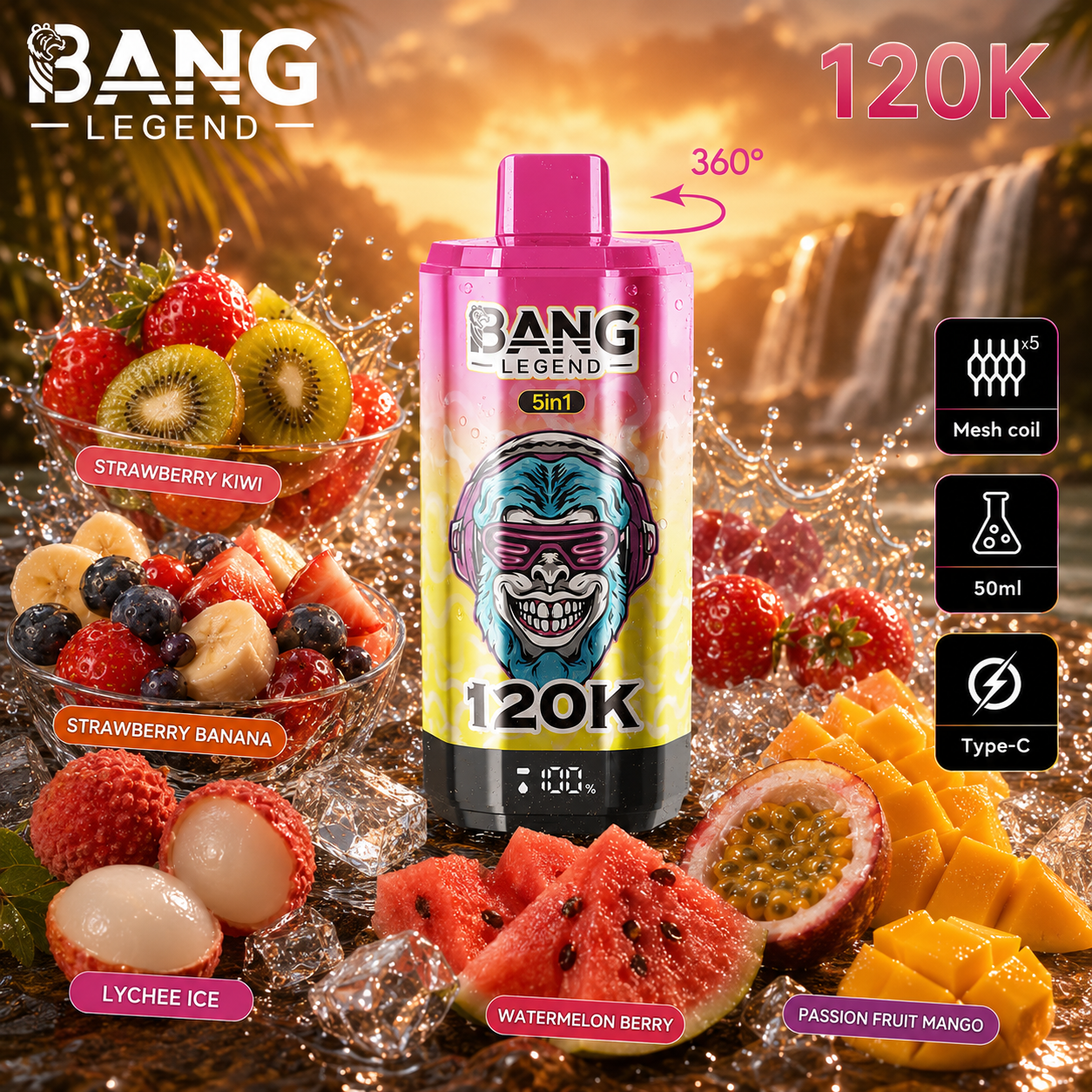 Jahoda a kiwi + Jahoda a banán + Ľadové liči + Melón a bobule + Maracuja a mango