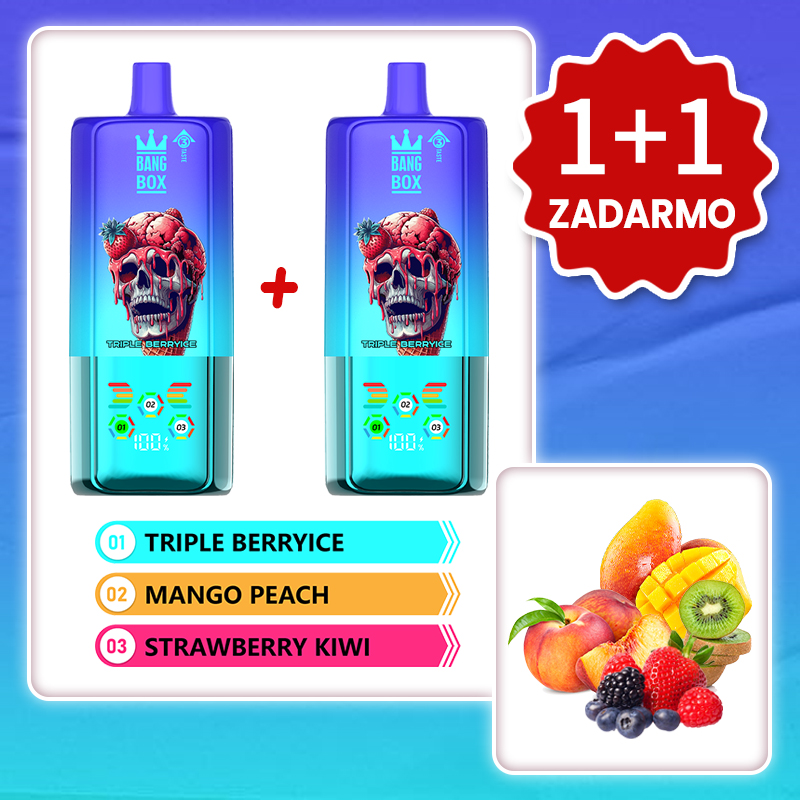 Ľadové Trojité Bobule + Mango Broskyňa + Jahoda Kiwi 💥Akcia 1+1 ZADARMO! BANG BOX 80 000 potiahnutí