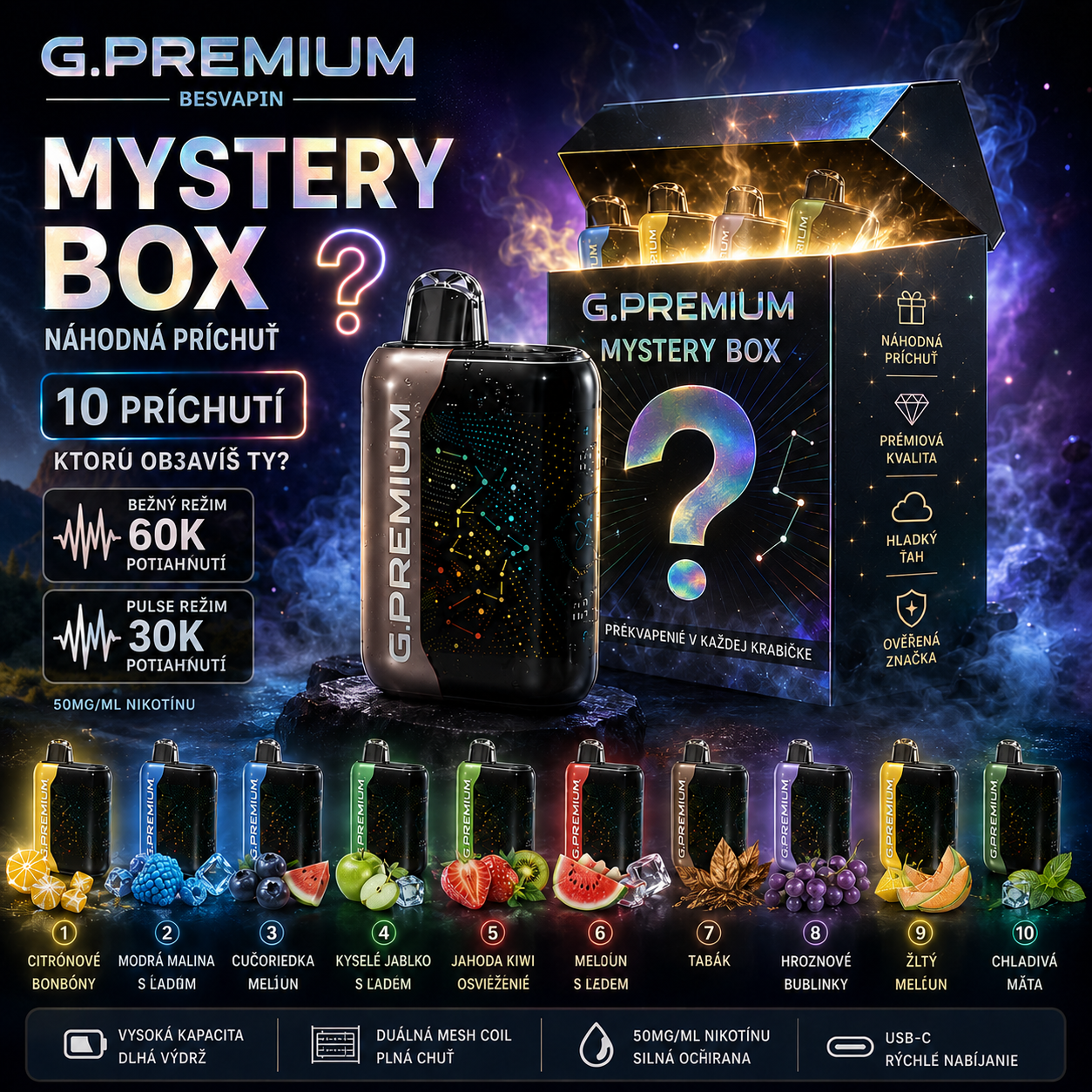 ⭐⭐⭐⭐⭐Najsilnejší upgrade! G.PREMIUM Jednorazové Vape 60 000 Potiahnutí – Ľadová mäta a Tradičný tabak