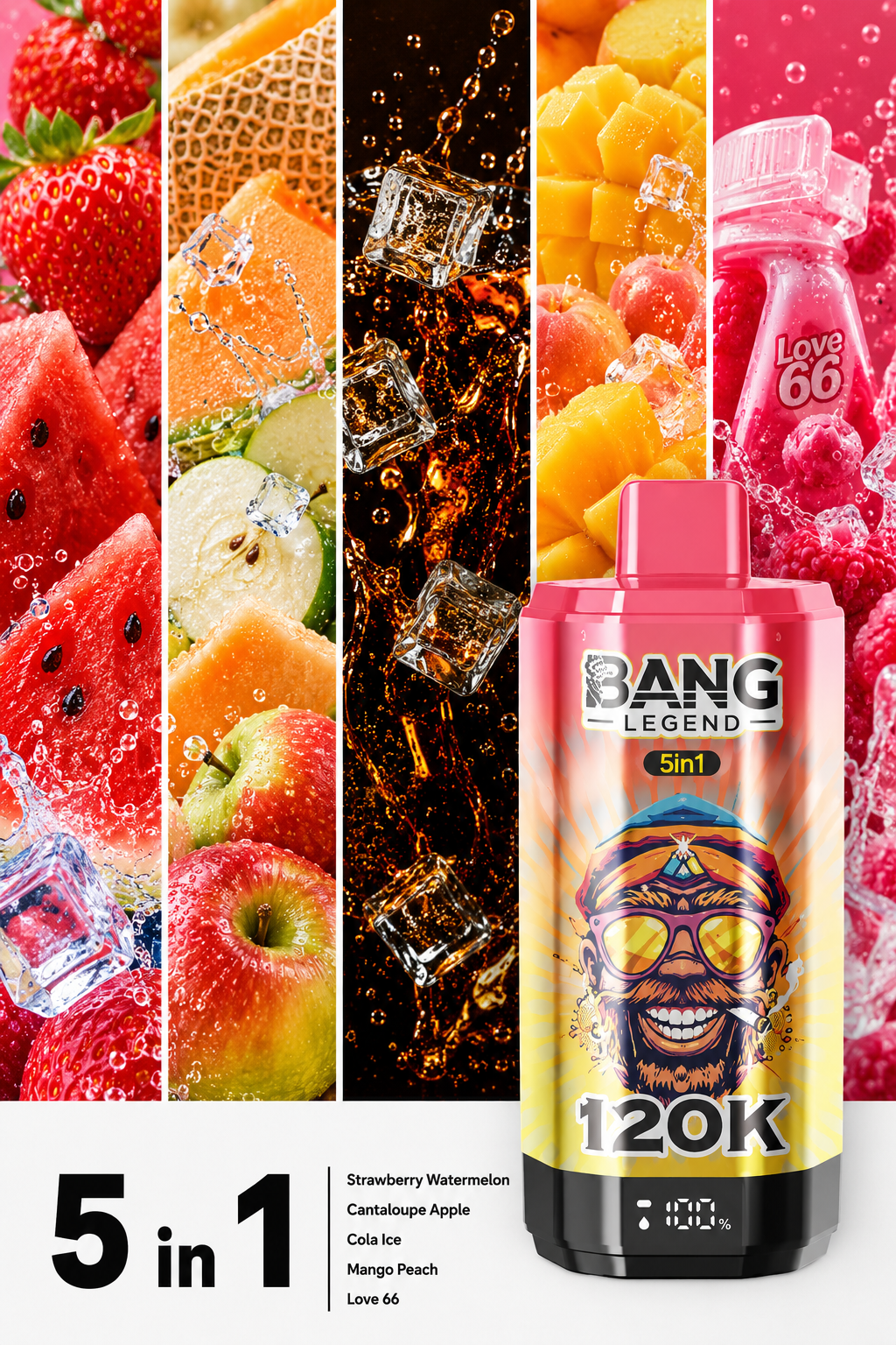 Jahoda a mel&oacute;n, cantaloupe a jablko, ľadov&aacute; cola, mango a broskyňa, Love 66