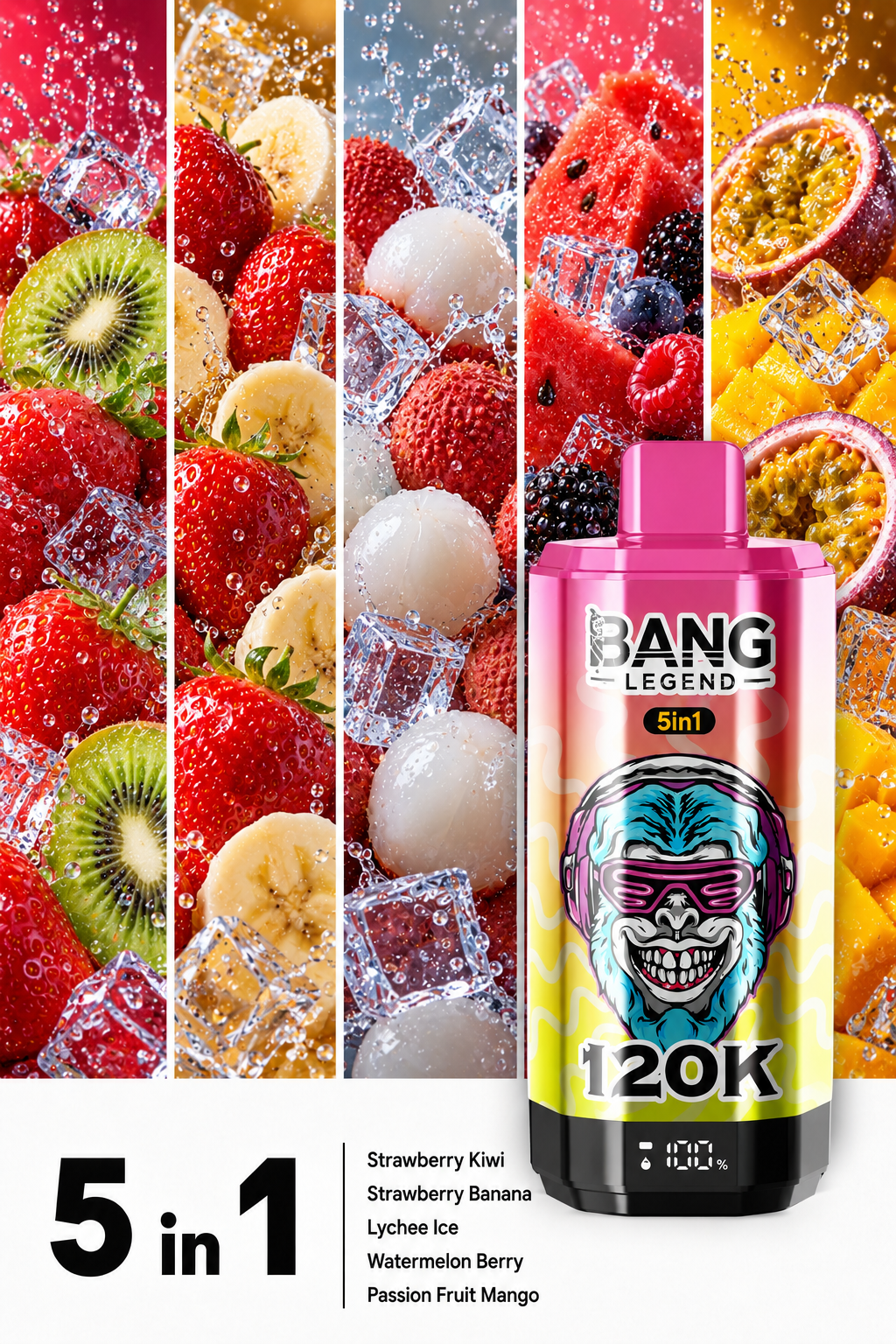 Jahoda a kiwi, jahoda a ban&aacute;n, ľadov&eacute; liči, mel&oacute;n a bobule, maracuja a mango