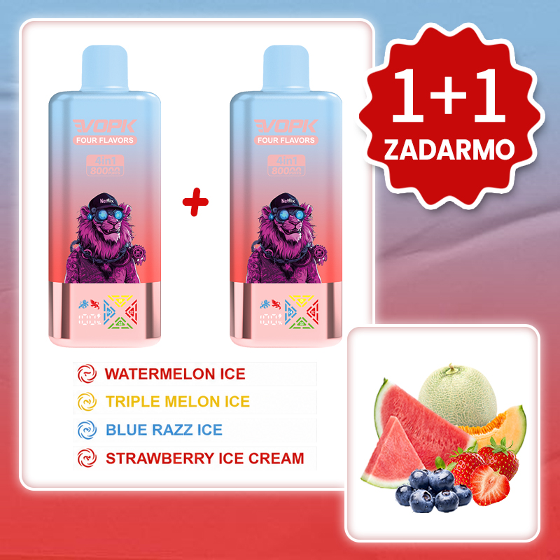 Ľadový melón + Trojitý ľadový melón + Modrá malina s ľadom + Jahodová zmrzlina 💥Akcia 1+1 ZADARMO! VOPK 80 000 potiahnutí