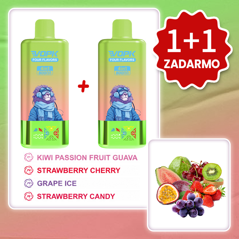 Kiwi marakuja guava + Jahoda a čerešňa + Hroznový ľad + Jahodový cukrík 💥Akcia 1+1 ZADARMO! VOPK 80 000 potiahnutí