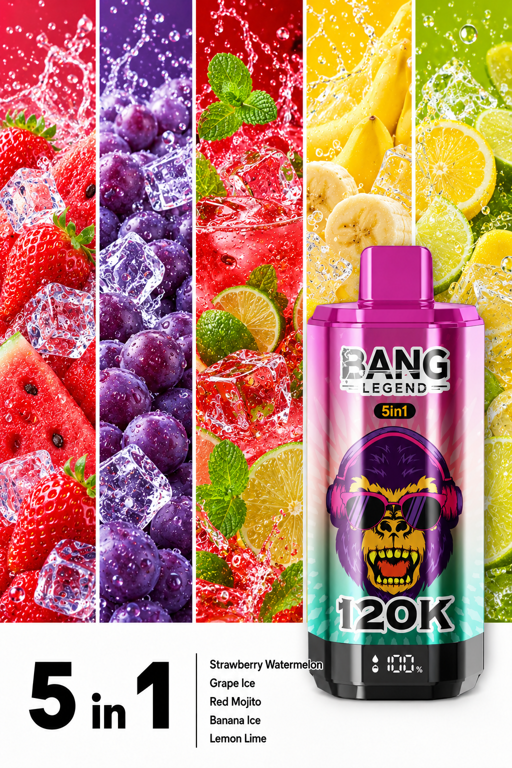 Jahoda a mel&oacute;n, ľadov&eacute; hrozno, červen&eacute; Mojito, ľadov&yacute; ban&aacute;n, citr&oacute;n a limetka