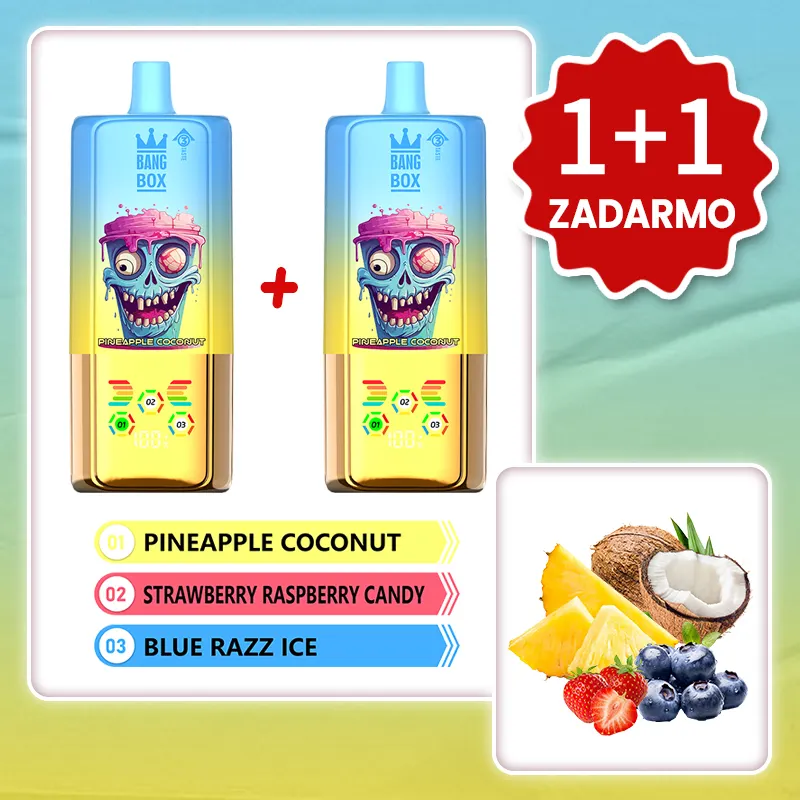 Ananás Kokos + Cukrík Jahoda Malina + Ľadová Modrá Malina💥Akcia 1+1 ZADARMO! BANG BOX 80 000 potiahnutí