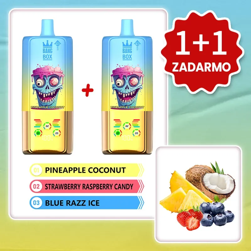 Ananás Kokos + Cukrík Jahoda Malina + Ľadová Modrá Malina💥Akcia 1+1 ZADARMO! BANG BOX 80 000 potiahnutí