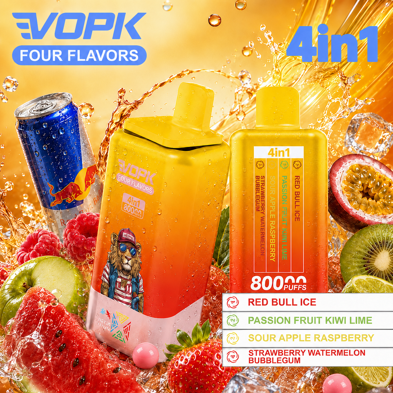 Red Bull ľad + Marakuja kiwi limetka + Kyslé jablko s malinou + Jahodový melónový žuvačkový cukrík 💥Akcia 1+1 ZADARMO! VOPK 80 000 potiahnutí