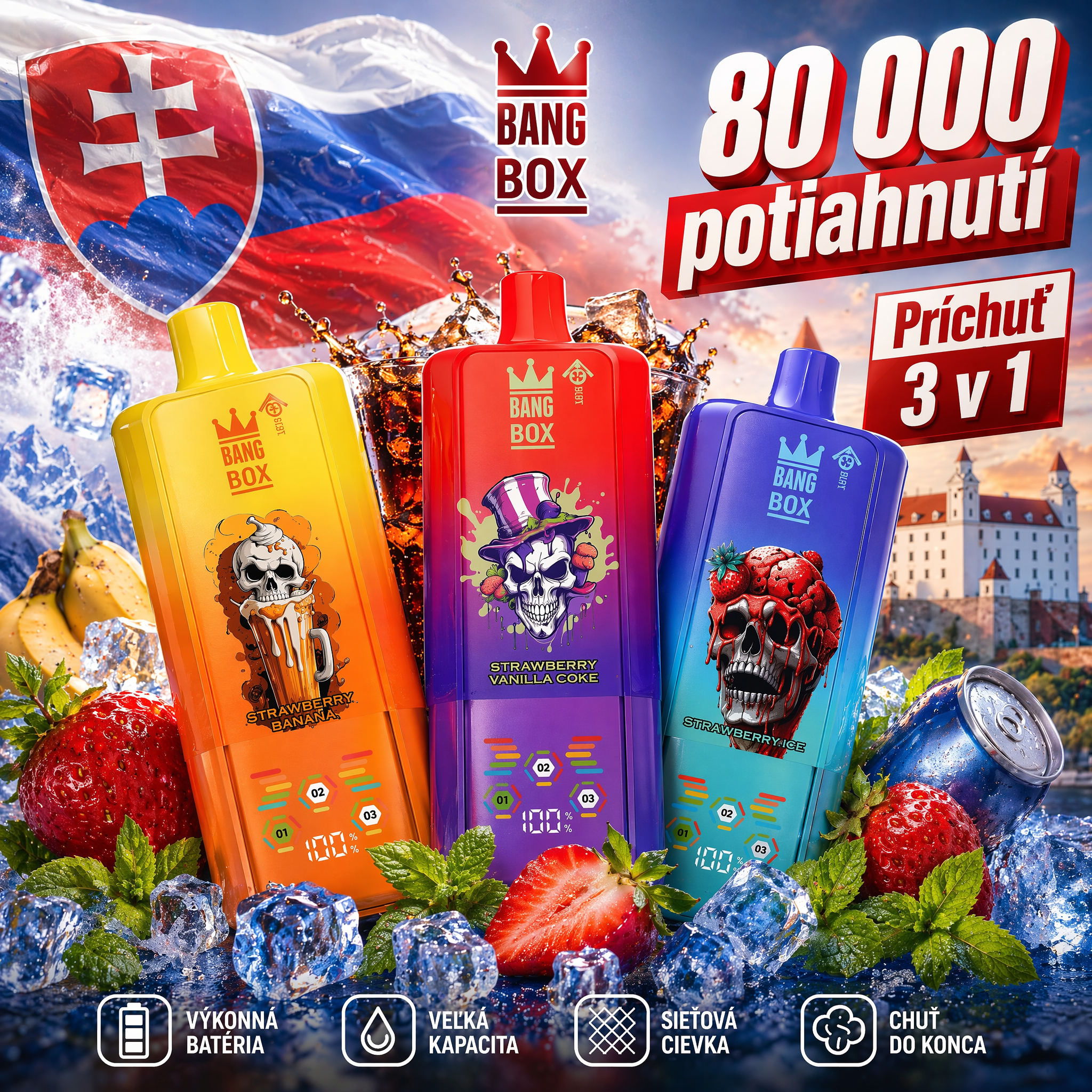 Citrónová Cola Soda + Melónová Žuvačka + Ľadový Čierny Drak 💥Akcia 1+1 ZADARMO! BANG BOX 80 000 potiahnutí