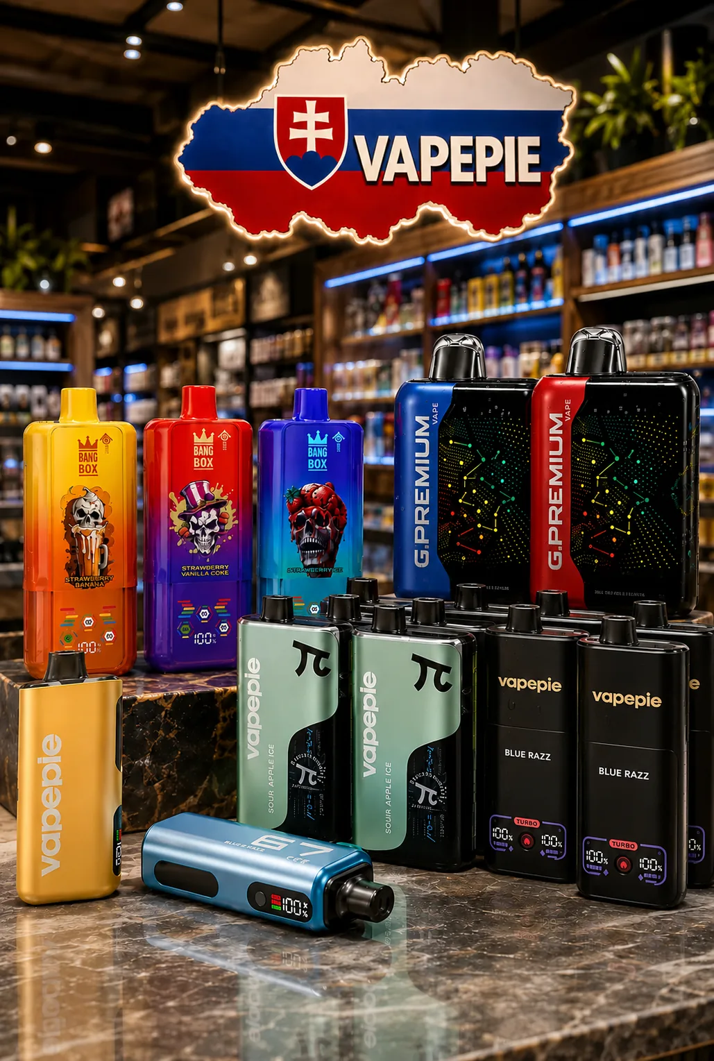 Výber jednorazových e-cigariet Vapepie – G.PREMIUM, Bang Box a vapepie v predajni