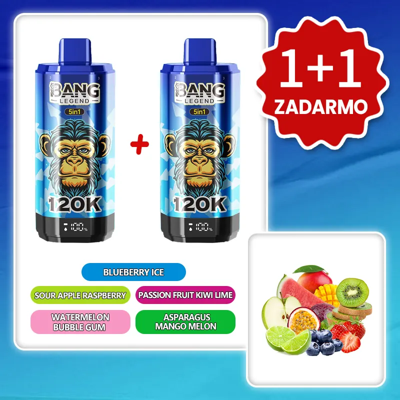 Ľadová čučoriedka + Melónová žuvačka + Kyselé jablko a malina + Aloe mango a melón + Maracuja kiwi a limetka