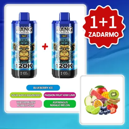 Ľadová čučoriedka + Melónová žuvačka + Kyselé jablko a malina + Aloe mango a melón + Maracuja kiwi a limetka