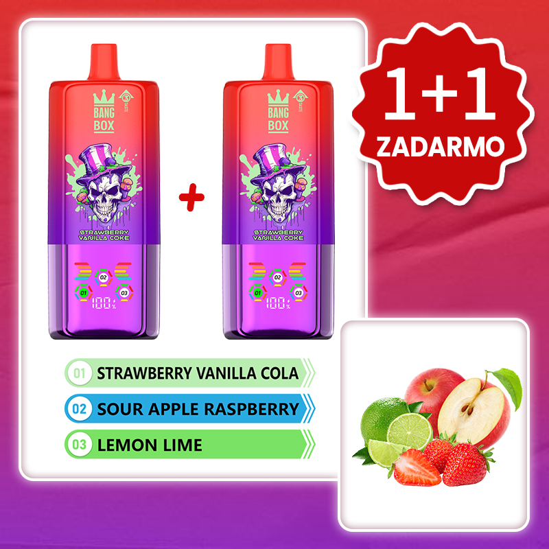 Jahodovo-vanilková Cola + Kyslé Jablko Malina + Citrón Limetka 💥Akcia 1+1 ZADARMO! BANG BOX 80 000 potiahnutí