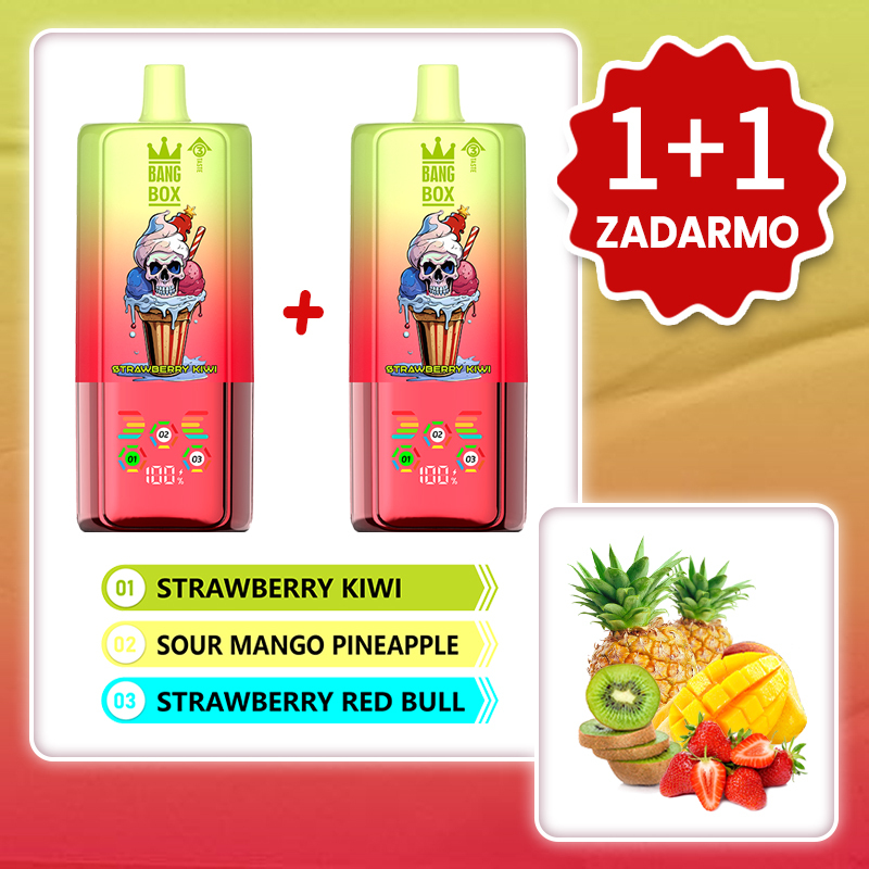Jahoda Kiwi + Kyslé Mango Ananás + Jahodový Energy Drink 💥Akcia 1+1 ZADARMO! BANG BOX 80 000 potiahnutí