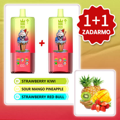 Jahoda Kiwi + Kyslé Mango Ananás + Jahodový Energy Drink 💥Akcia 1+1 ZADARMO! BANG BOX 80 000 potiahnutí