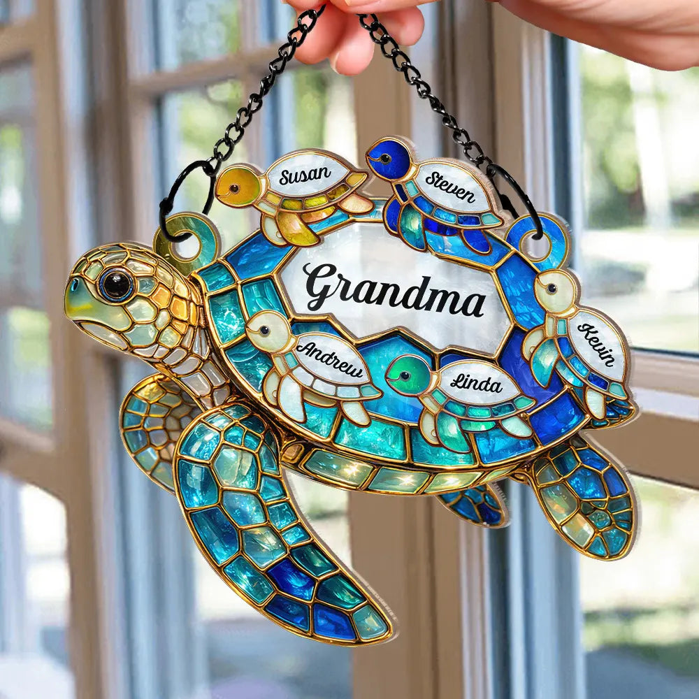 Turtle Stained Glass Mom Grandma - Personalized Window Hanging Suncatcher Ornament