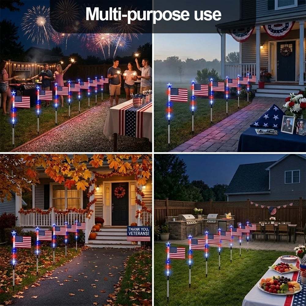 8 Solar American FlagPathway Lights - Red,White & Blue Yard Glow
