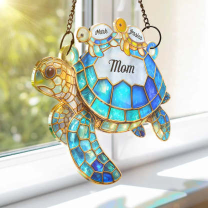 Turtle Stained Glass Mom Grandma - Personalized Window Hanging Suncatcher Ornament