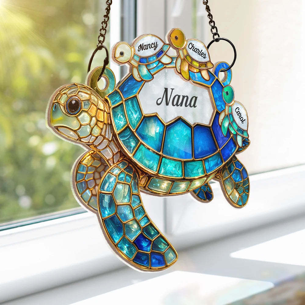 Turtle Stained Glass Mom Grandma - Personalized Window Hanging Suncatcher Ornament