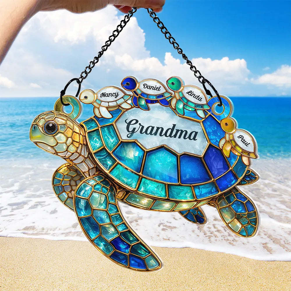 Turtle Stained Glass Mom Grandma - Personalized Window Hanging Suncatcher Ornament