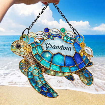 Turtle Stained Glass Mom Grandma - Personalized Window Hanging Suncatcher Ornament