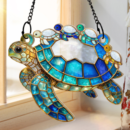 Turtle Stained Glass Mom Grandma - Personalized Window Hanging Suncatcher Ornament