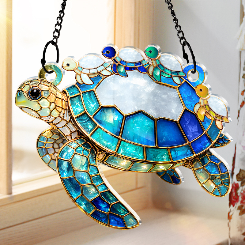 Turtle Stained Glass Mom Grandma - Personalized Window Hanging Suncatcher Ornament